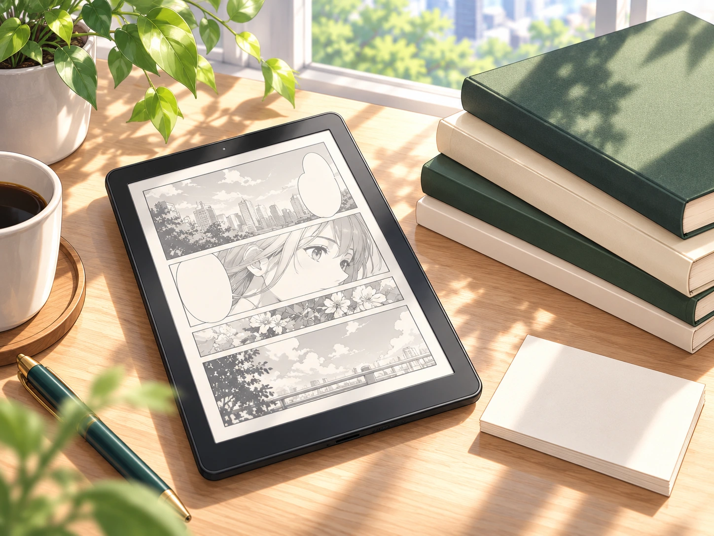 机に並ぶ電子書籍リーダー、名刺、数冊の本