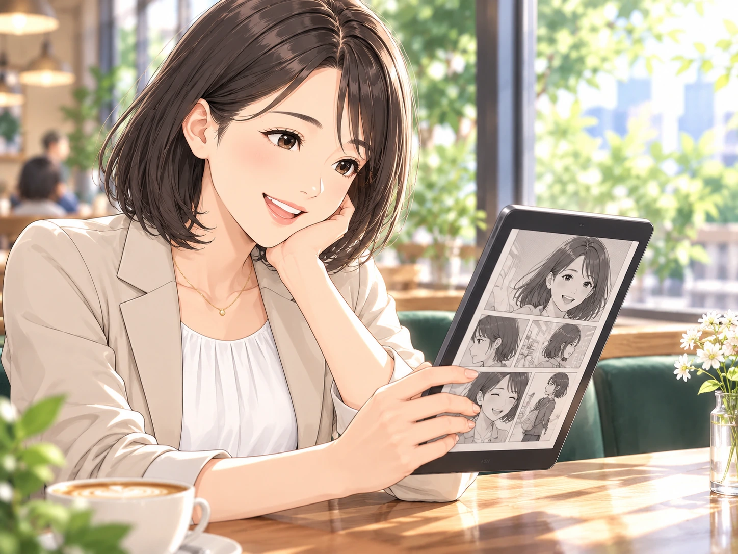 明るいカフェで自分の本のマンガを電子書籍リーダーで読む春日美咲