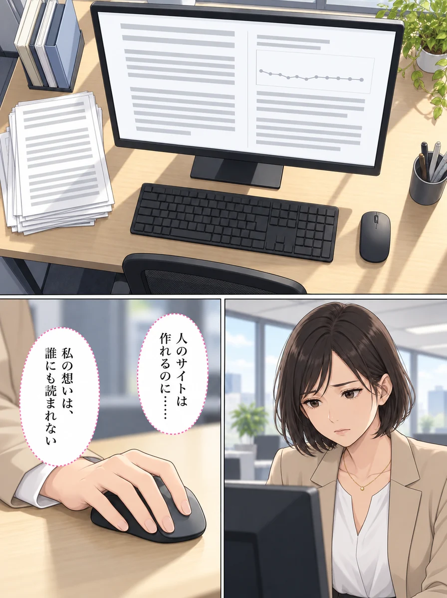 マンガ 1ページ目:人のサイトは作れるのに……/私の想いは、誰にも読まれない