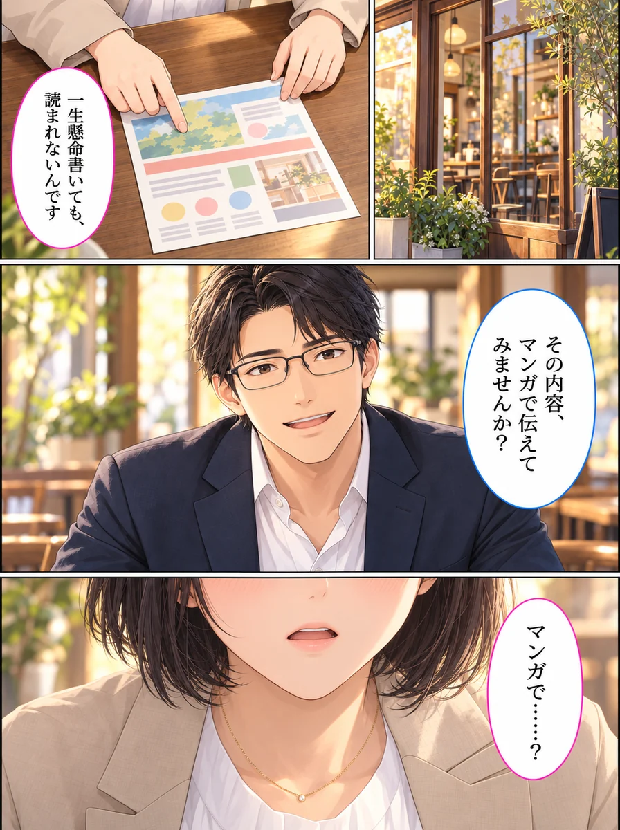 マンガ 2ページ目:一生懸命書いても、読まれないんです/その内容、マンガで伝えてみませんか?/マンガで……?