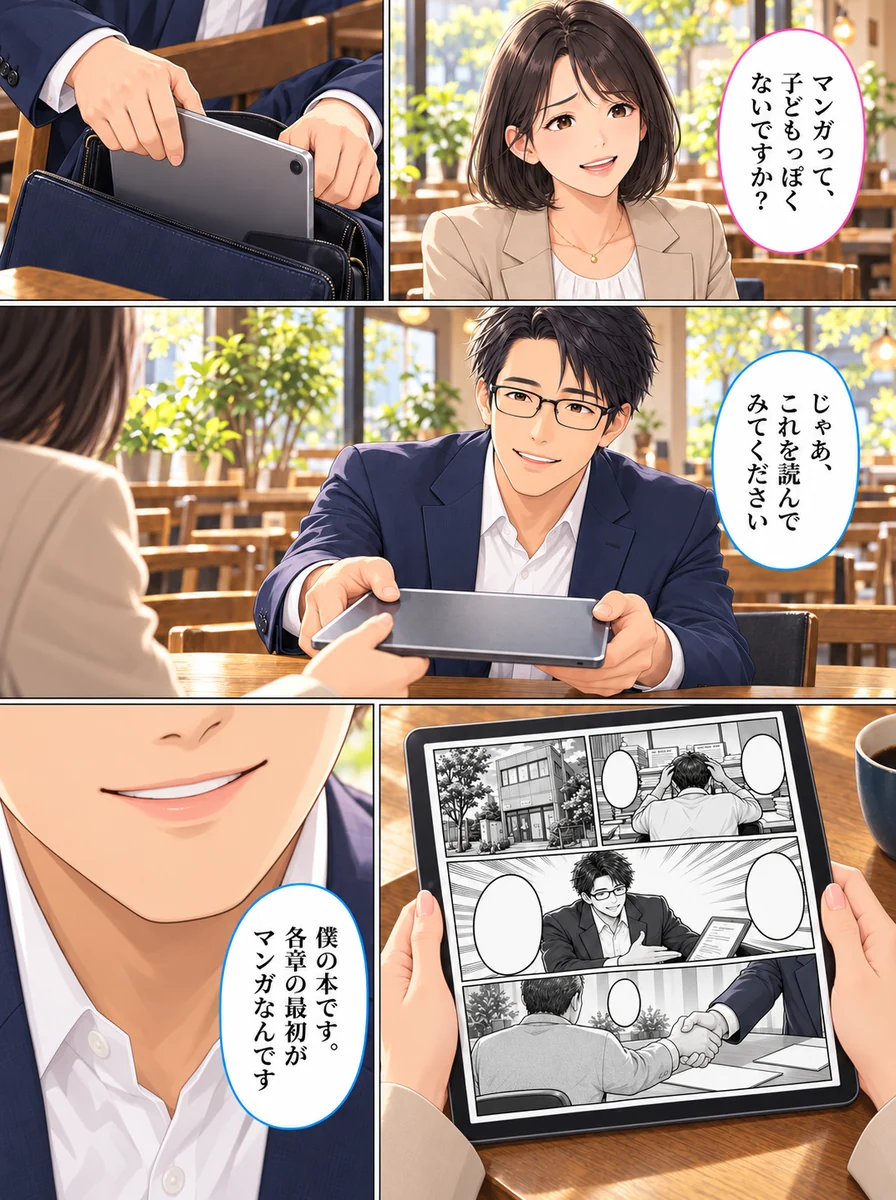 マンガ 3ページ目:マンガって、子どもっぽくないですか?/じゃあ、これを読んでみてください/僕の本です。各章の最初がマンガなんです