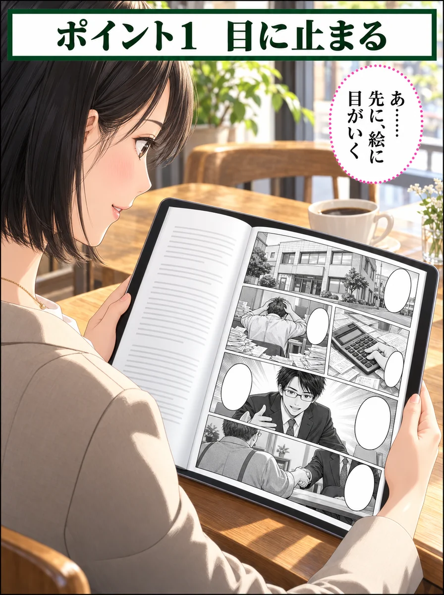 マンガ 4ページ目:ポイント1 目に止まる/あ……先に、絵に目がいく
