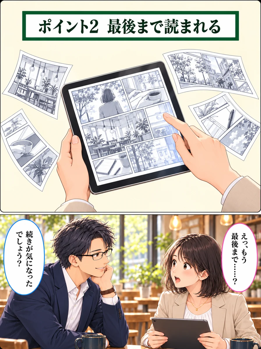 マンガ 5ページ目:ポイント2 最後まで読まれる/えっ、もう最後まで……?/続きが気になったでしょう?/吹き出しの位置・必須