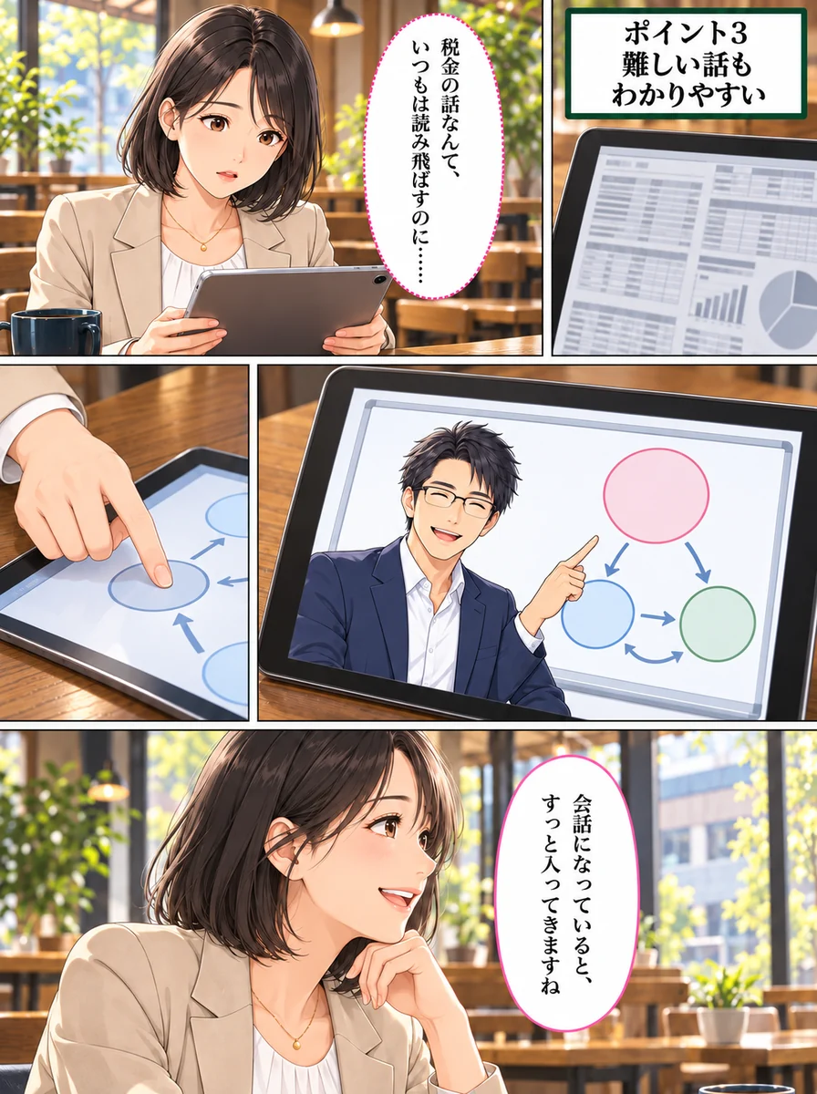 マンガ 6ページ目:ポイント3 難しい話もわかりやすい/税金の話なんて、いつもは読み飛ばすのに……/会話になっていると、すっと入ってきますね