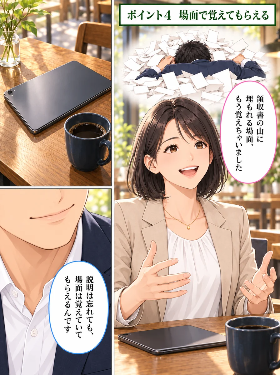 マンガ 7ページ目:ポイント4 場面で覚えてもらえる/領収書の山に埋もれる場面、もう覚えちゃいました/説明は忘れても、場面は覚えていてもらえるんです