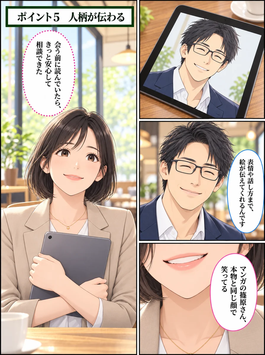 マンガ 8ページ目:表情や話し方まで、絵が伝えてくれるんです/マンガの篠原さん、本物と同じ顔で笑ってる/ポイント5 人柄が伝わる/会う前に読んでいたら、きっと安心して相談できた