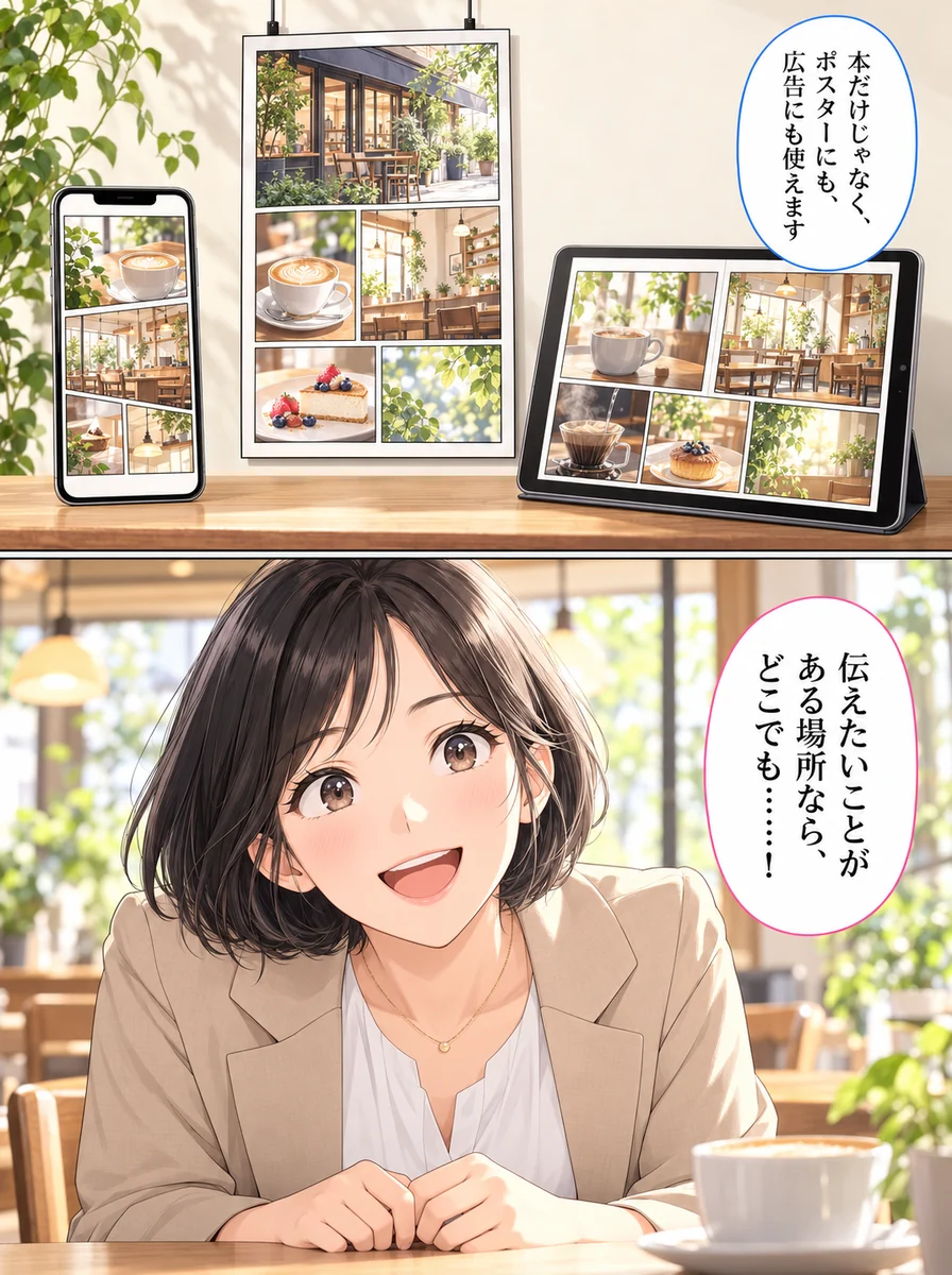 マンガ 9ページ目:本だけじゃなく、ポスターにも、広告にも使えます/伝えたいことがある場所なら、どこでも……!