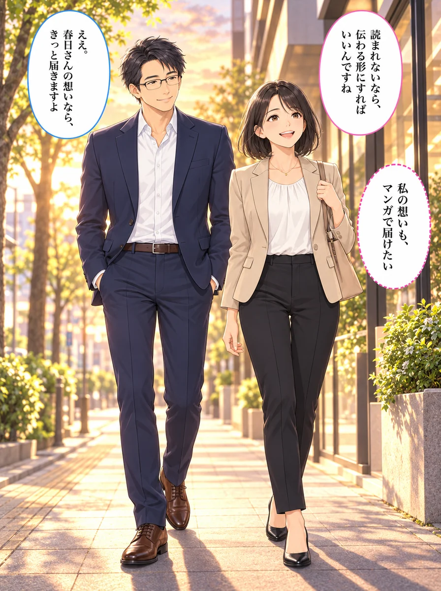 マンガ 10ページ目:読まれないなら、伝わる形にすればいいんですね/ええ。春日さんの想いなら、きっと届きますよ/私の想いも、マンガで届けたい/吹き出しの位置・必須